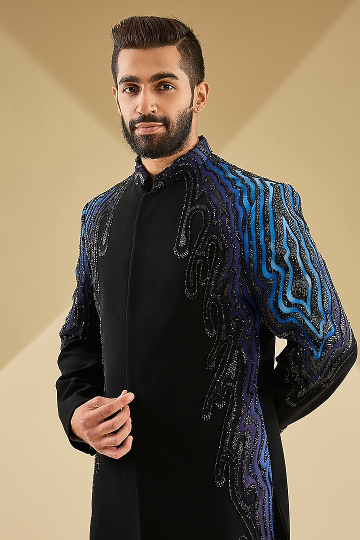 Navy Blue Italian Fabric Embroidered Indowestern Set by Mayank Chawla at Pernia's Pop Up Shop