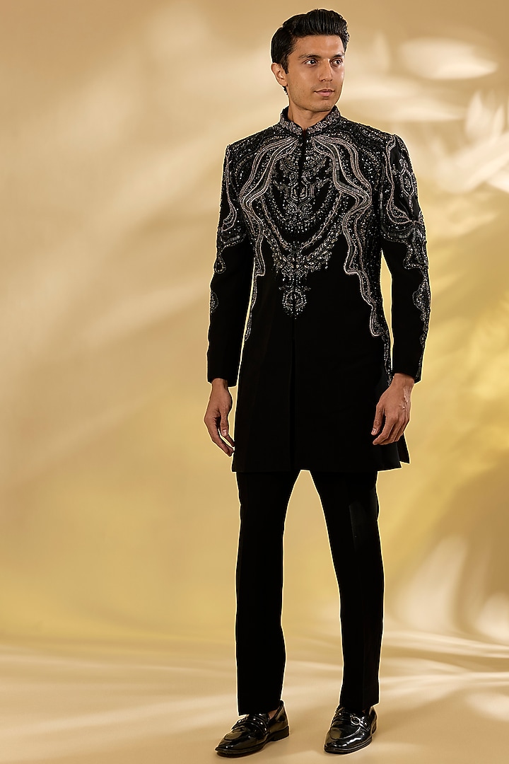 Black Italian Fabric Embroidered Indowestern Set by Mayank Chawla