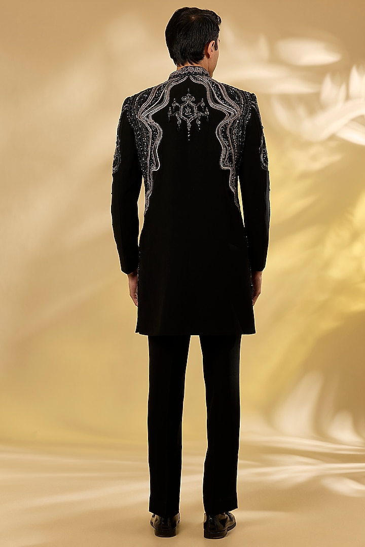 Black Italian Fabric Embroidered Indowestern Set by Mayank Chawla at Pernia's Pop Up Shop