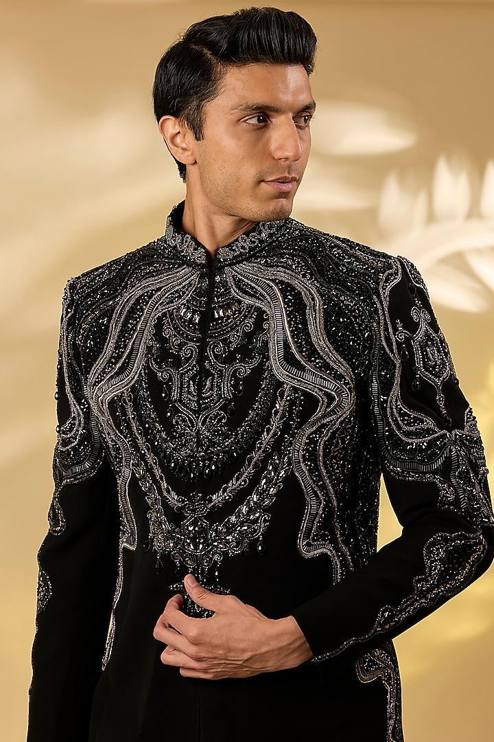 Black Italian Fabric Embroidered Indowestern Set by Mayank Chawla at Pernia's Pop Up Shop