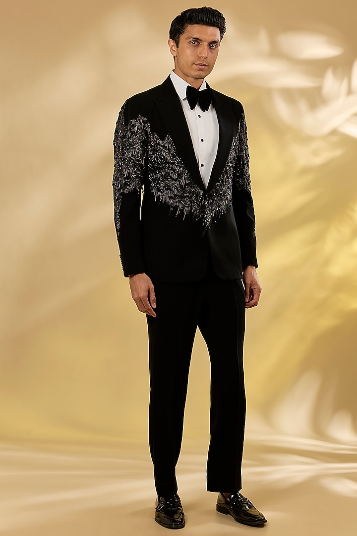 Black Italian Fabric Cutdana Hand Embroidered Tuxedo Set by Mayank Chawla