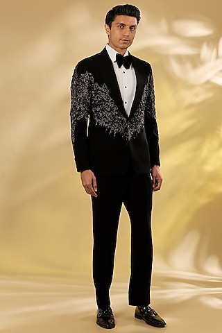 Black Italian Fabric Cutdana Hand Embroidered Tuxedo Set by Mayank Chawla