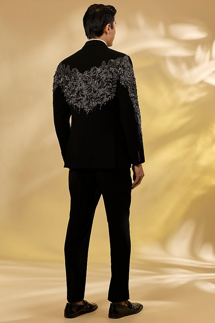 Black Italian Fabric Cutdana Hand Embroidered Tuxedo Set by Mayank Chawla at Pernia's Pop Up Shop
