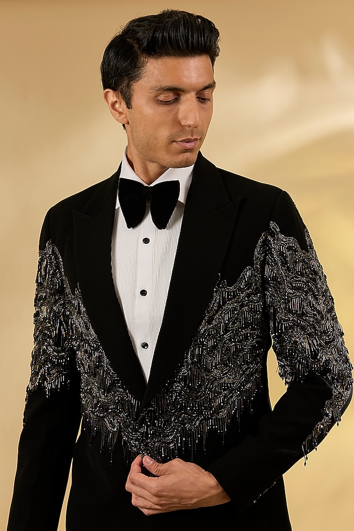 Black Italian Fabric Cutdana Hand Embroidered Tuxedo Set by Mayank Chawla at Pernia's Pop Up Shop