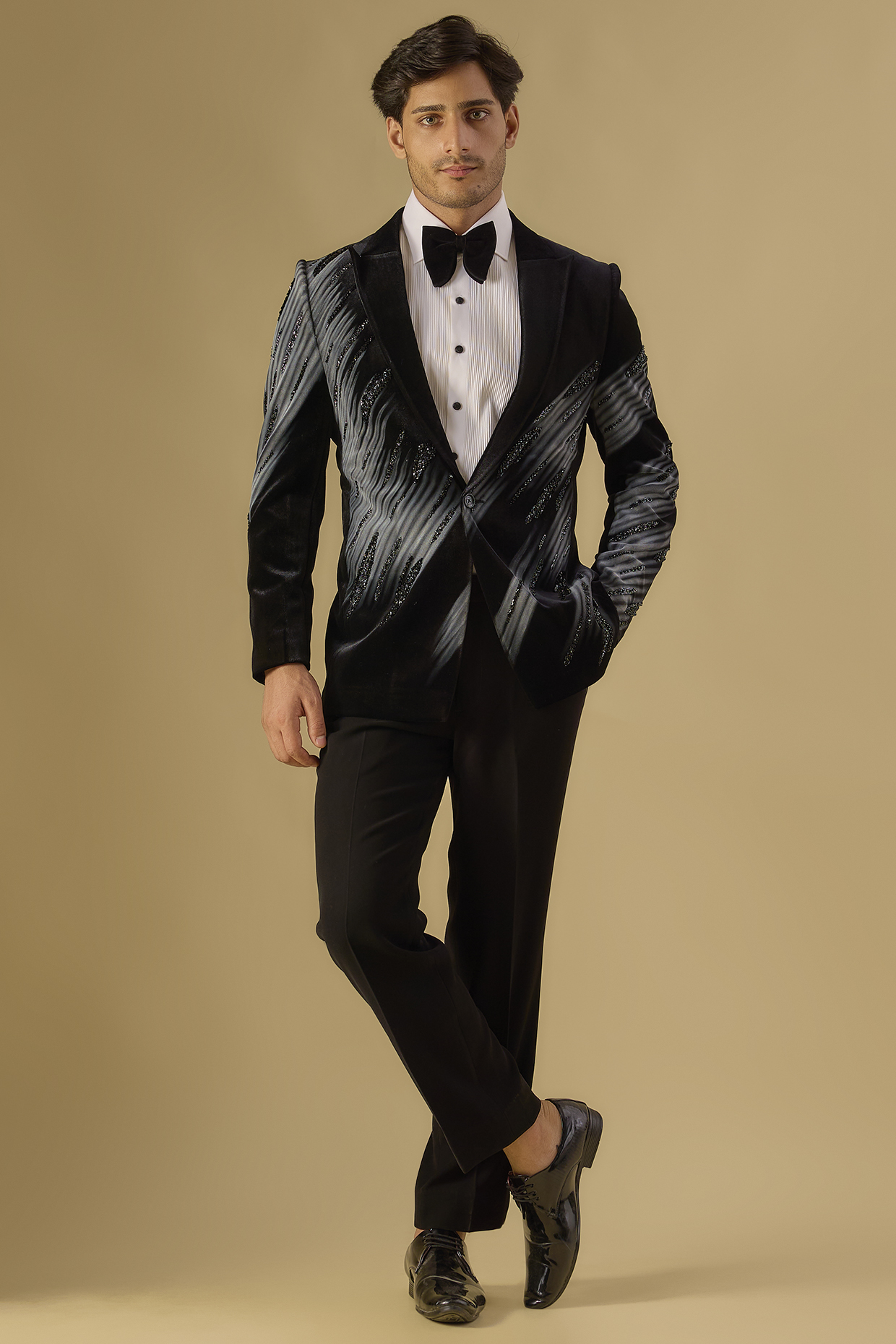 Black Italian Fabric Embroidered Tuxedo Set by Mayank Chawla