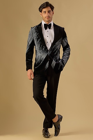 Black Italian Fabric Embroidered Tuxedo Set by Mayank Chawla
