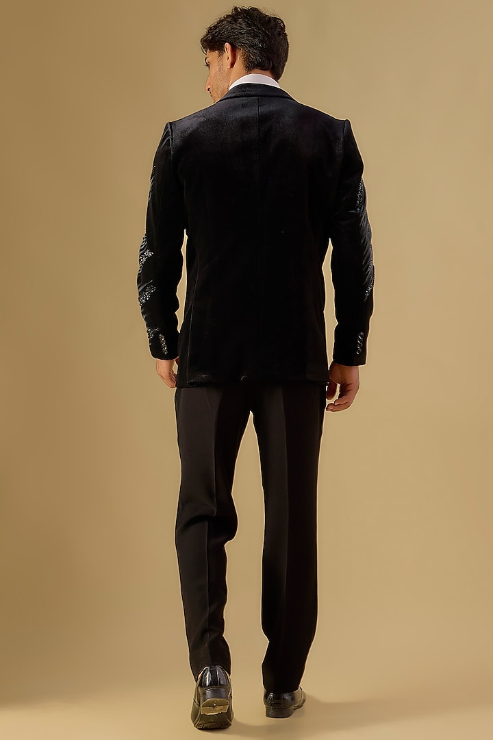 Black Italian Fabric Embroidered Tuxedo Set by Mayank Chawla at Pernia's Pop Up Shop