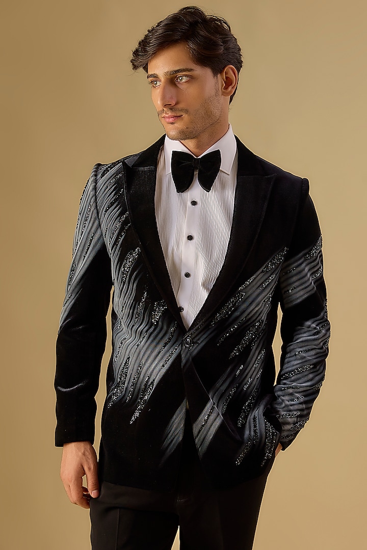 Black Italian Fabric Embroidered Tuxedo Set by Mayank Chawla at Pernia's Pop Up Shop
