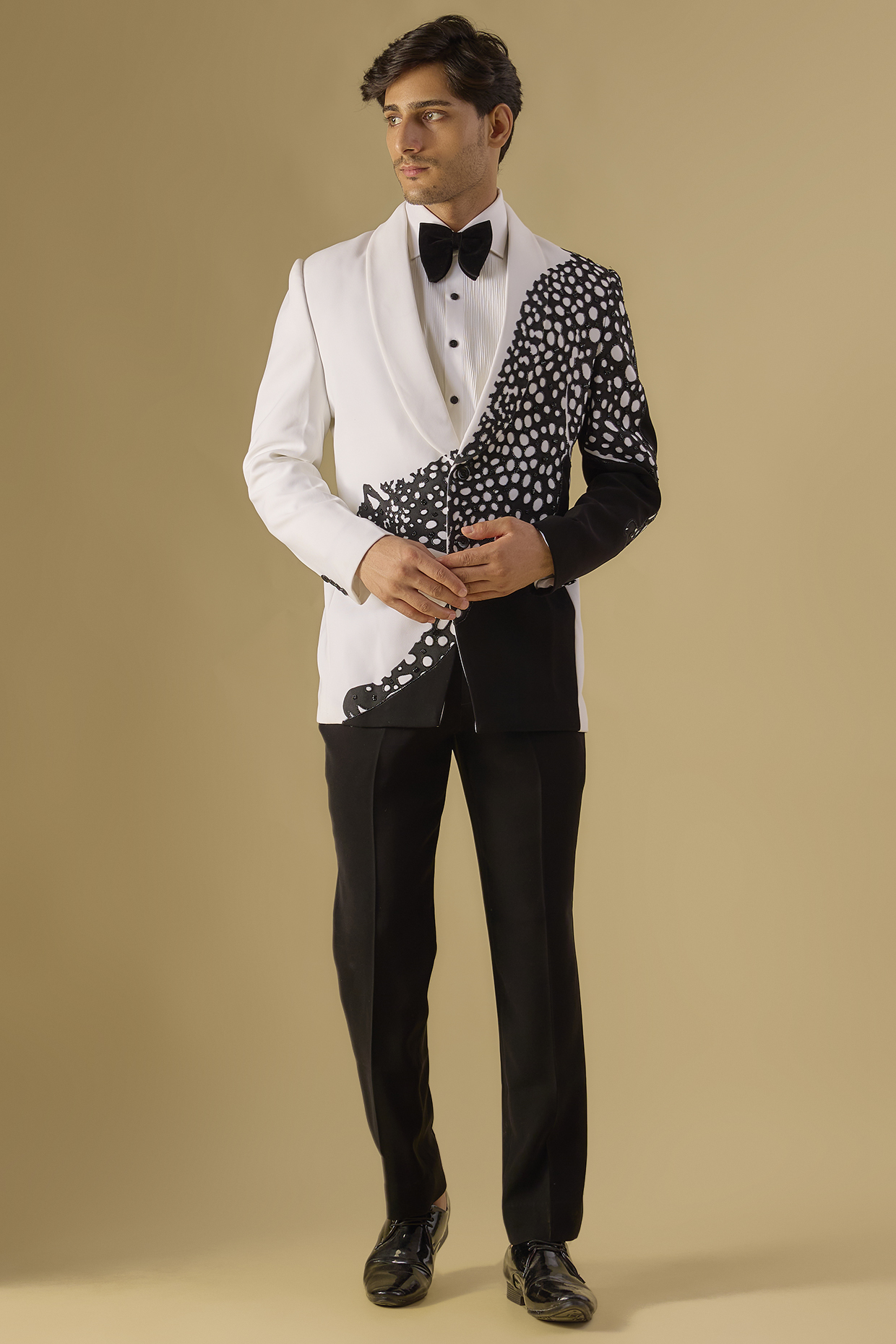 White Italian Fabric Embroidered Tuxedo Set by Mayank Chawla