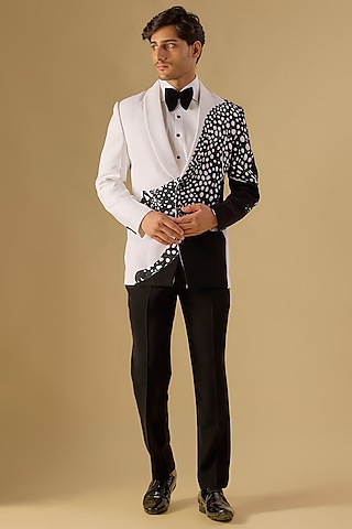 White Italian Fabric Embroidered Tuxedo Set by Mayank Chawla