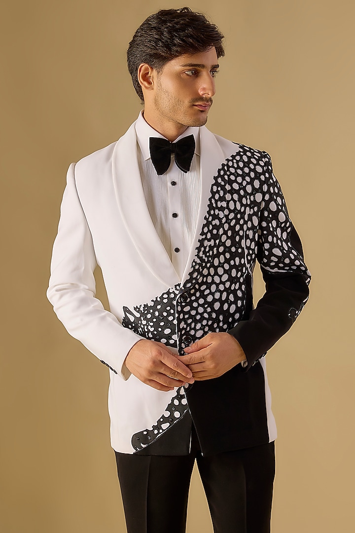 White Italian Fabric Embroidered Tuxedo Set by Mayank Chawla at Pernia's Pop Up Shop