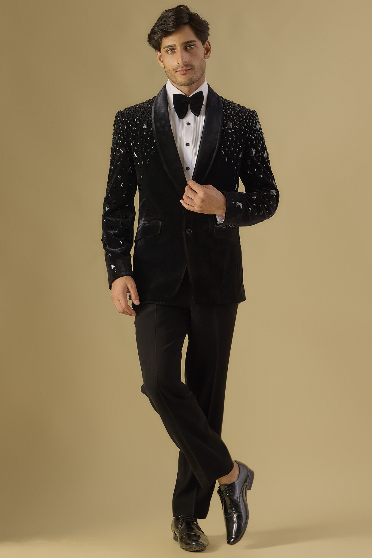 Black Italian Fabric Embroidered Tuxedo Set by Mayank Chawla
