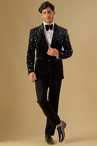 Black Italian Fabric Embroidered Tuxedo Set by Mayank Chawla