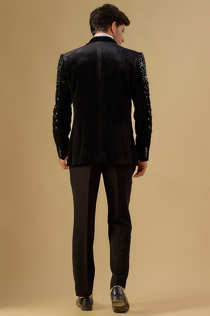 Black Italian Fabric Embroidered Tuxedo Set by Mayank Chawla at Pernia's Pop Up Shop