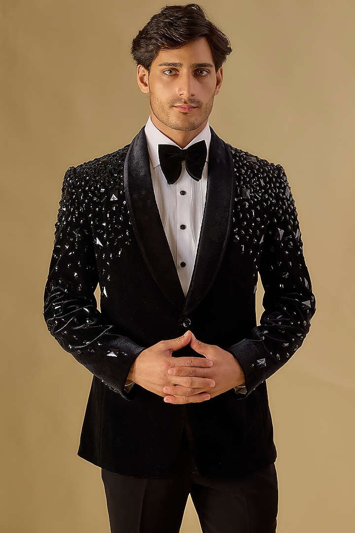 Black Italian Fabric Embroidered Tuxedo Set by Mayank Chawla at Pernia's Pop Up Shop