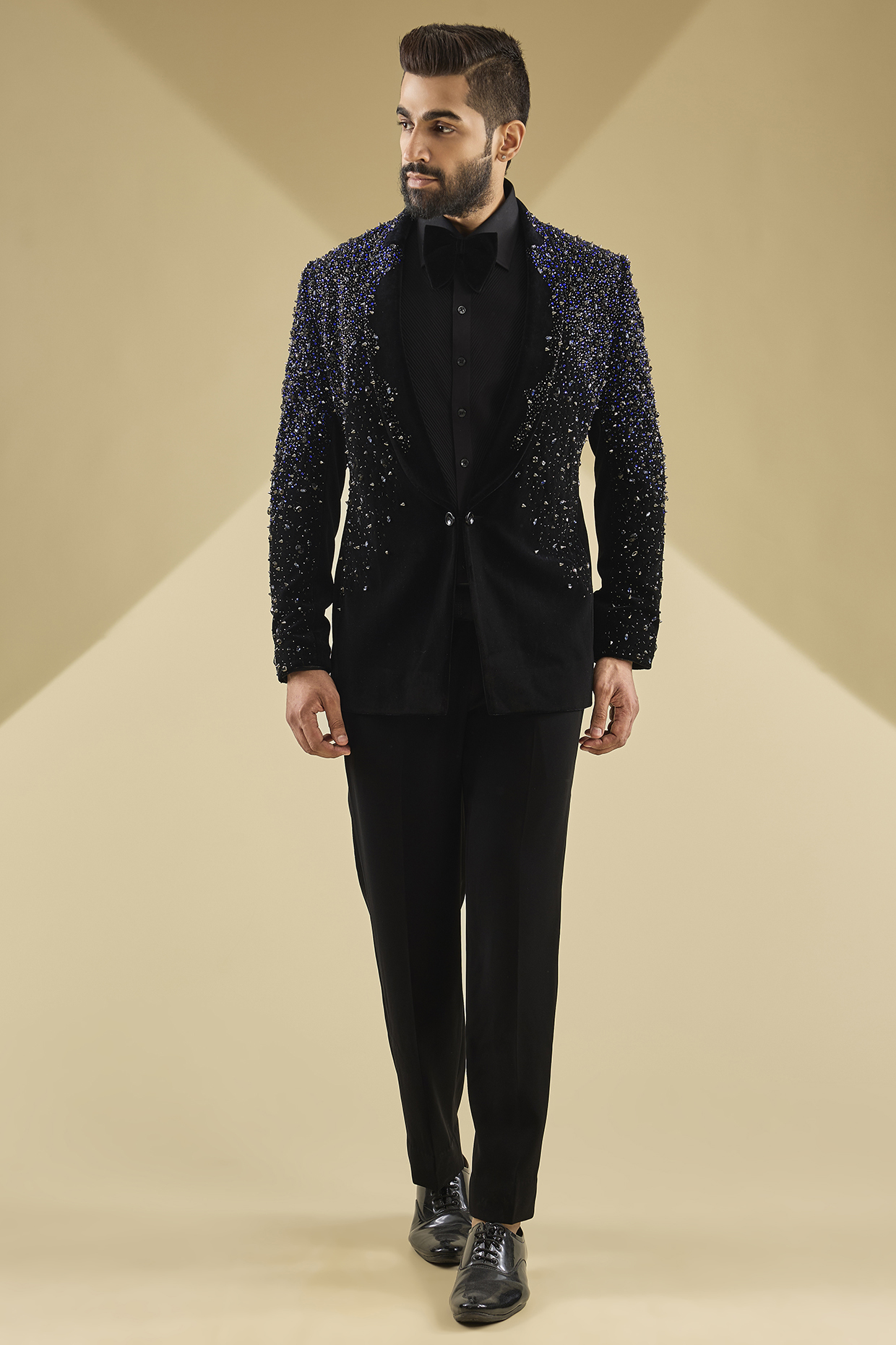 Black Micro Velvet Hand Embroidered Tuxedo Set by Mayank Chawla