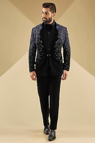Black Micro Velvet Hand Embroidered Tuxedo Set by Mayank Chawla