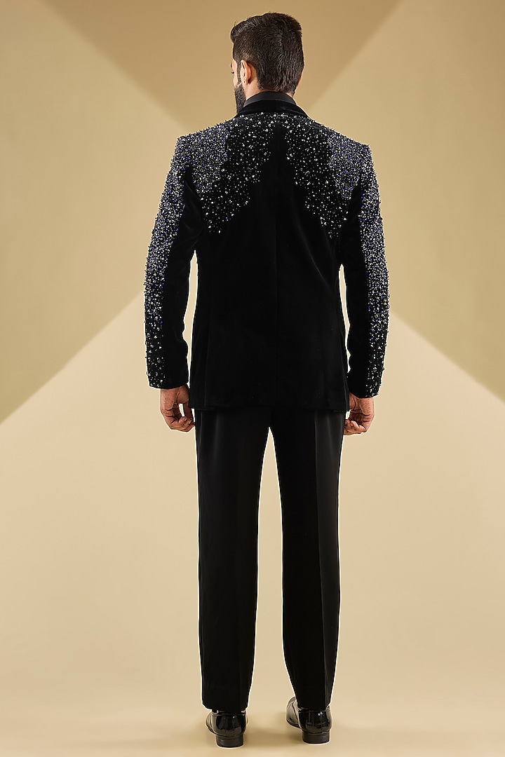 Black Micro Velvet Hand Embroidered Tuxedo Set by Mayank Chawla at Pernia's Pop Up Shop