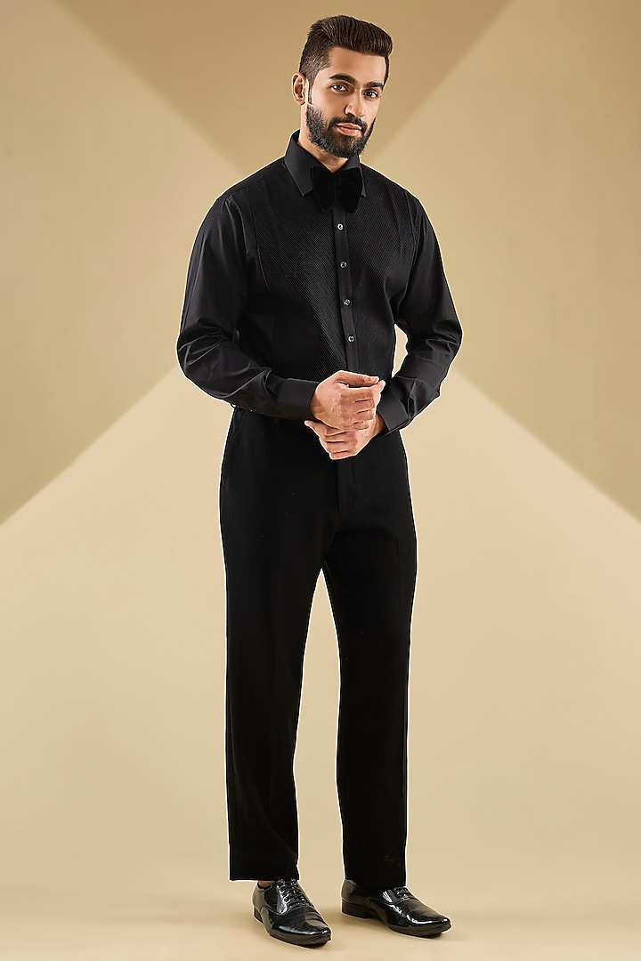 Black Micro Velvet Hand Embroidered Tuxedo Set by Mayank Chawla at Pernia's Pop Up Shop