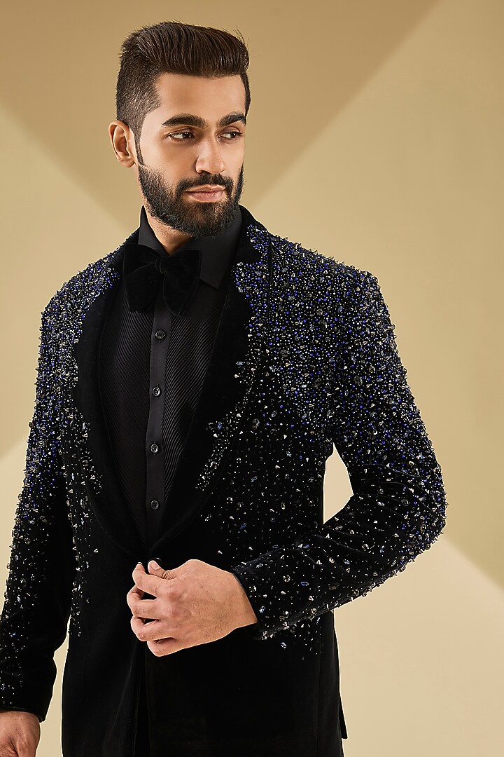 Black Micro Velvet Hand Embroidered Tuxedo Set by Mayank Chawla at Pernia's Pop Up Shop