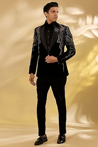 Black Italian Fabric Cutdana Hand Embroidered Tuxedo Set by Mayank Chawla