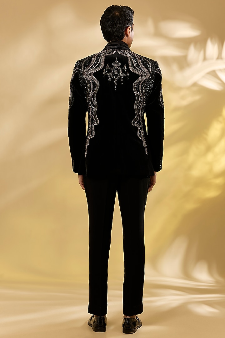 Black Italian Fabric Cutdana Hand Embroidered Tuxedo Set by Mayank Chawla at Pernia's Pop Up Shop
