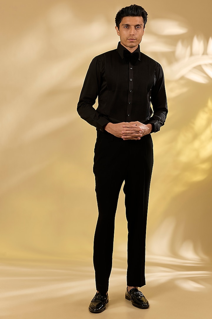Black Italian Fabric Cutdana Hand Embroidered Tuxedo Set by Mayank Chawla at Pernia's Pop Up Shop
