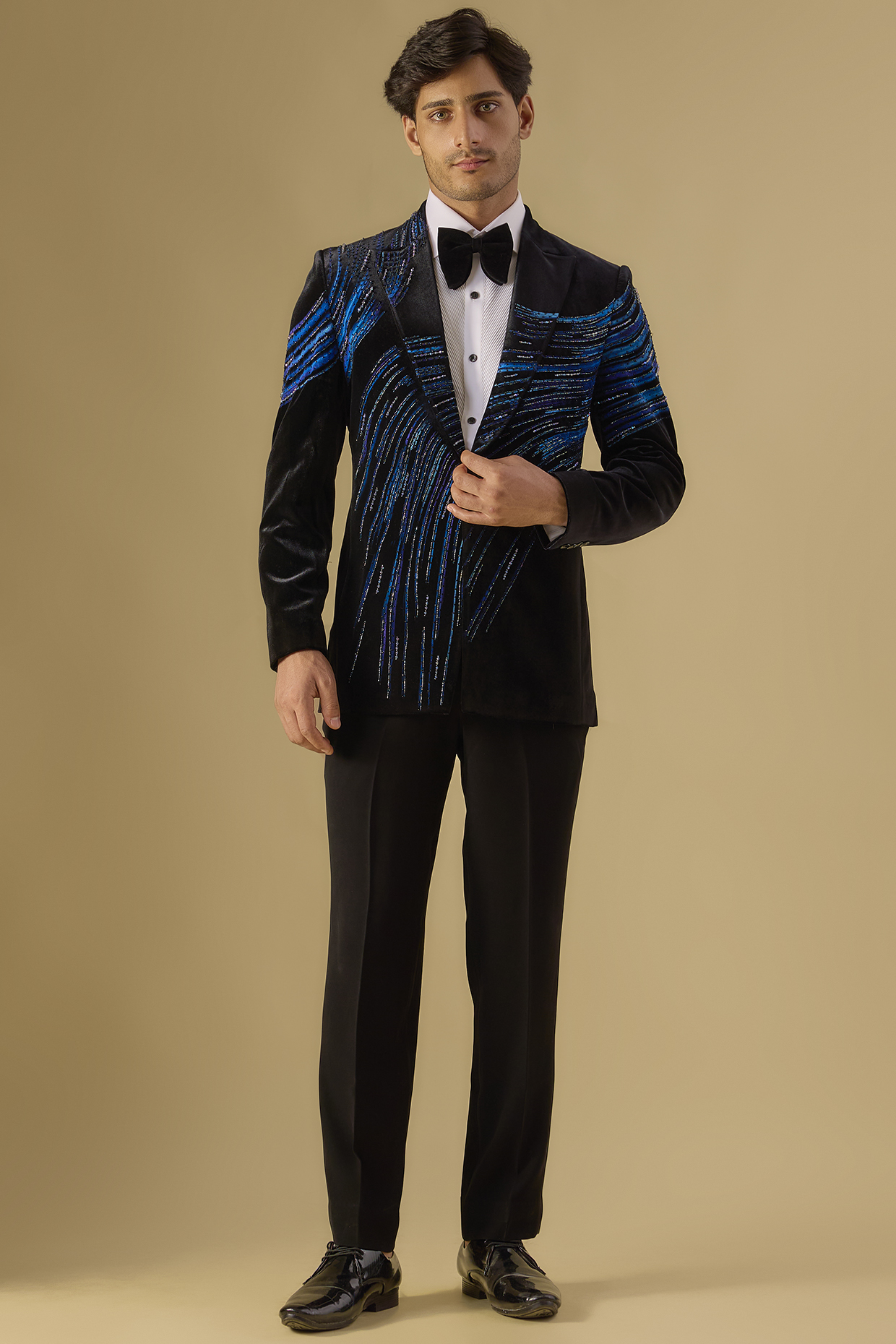 Black Italian Fabric Embroidered Tuxedo Set by Mayank Chawla