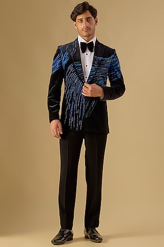 Black Italian Fabric Embroidered Tuxedo Set by Mayank Chawla