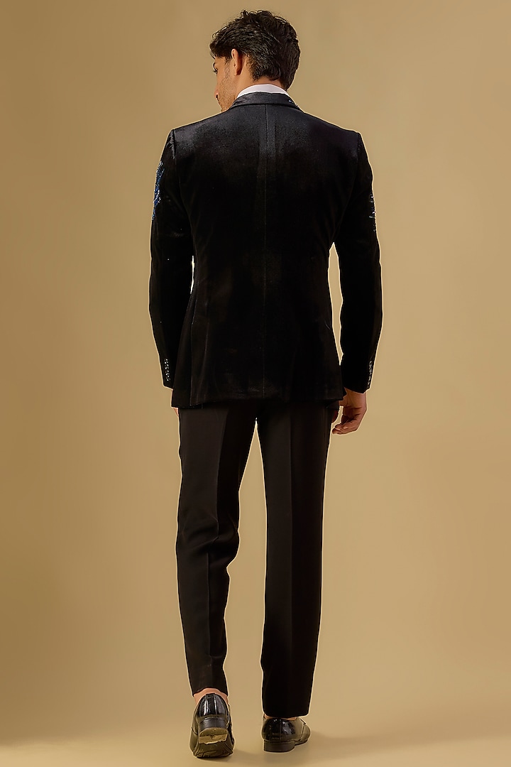 Black Italian Fabric Embroidered Tuxedo Set by Mayank Chawla at Pernia's Pop Up Shop