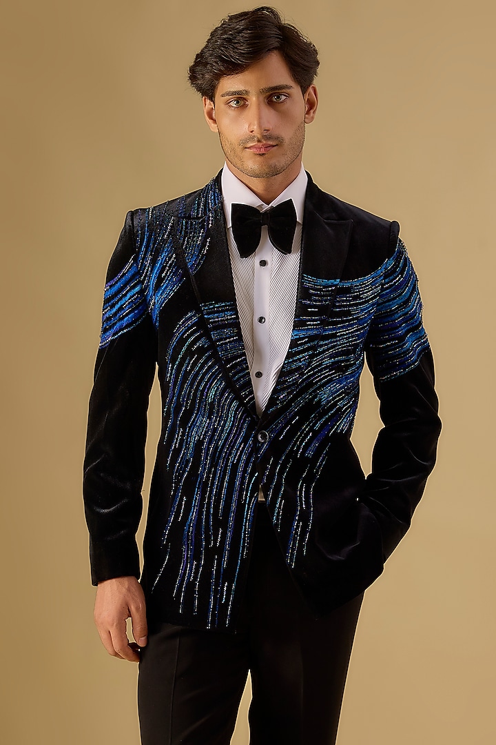 Black Italian Fabric Embroidered Tuxedo Set by Mayank Chawla at Pernia's Pop Up Shop