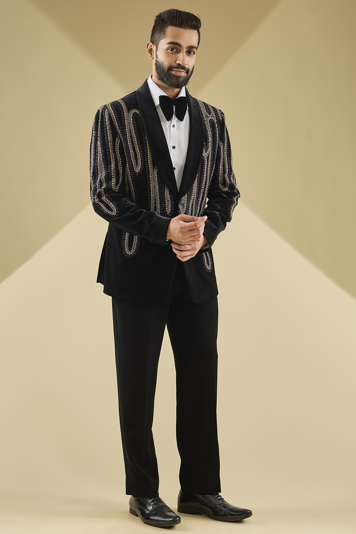 Black Micro Velvet Hand Embroidered Tuxedo Set by Mayank Chawla