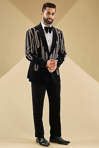 Black Micro Velvet Hand Embroidered Tuxedo Set by Mayank Chawla