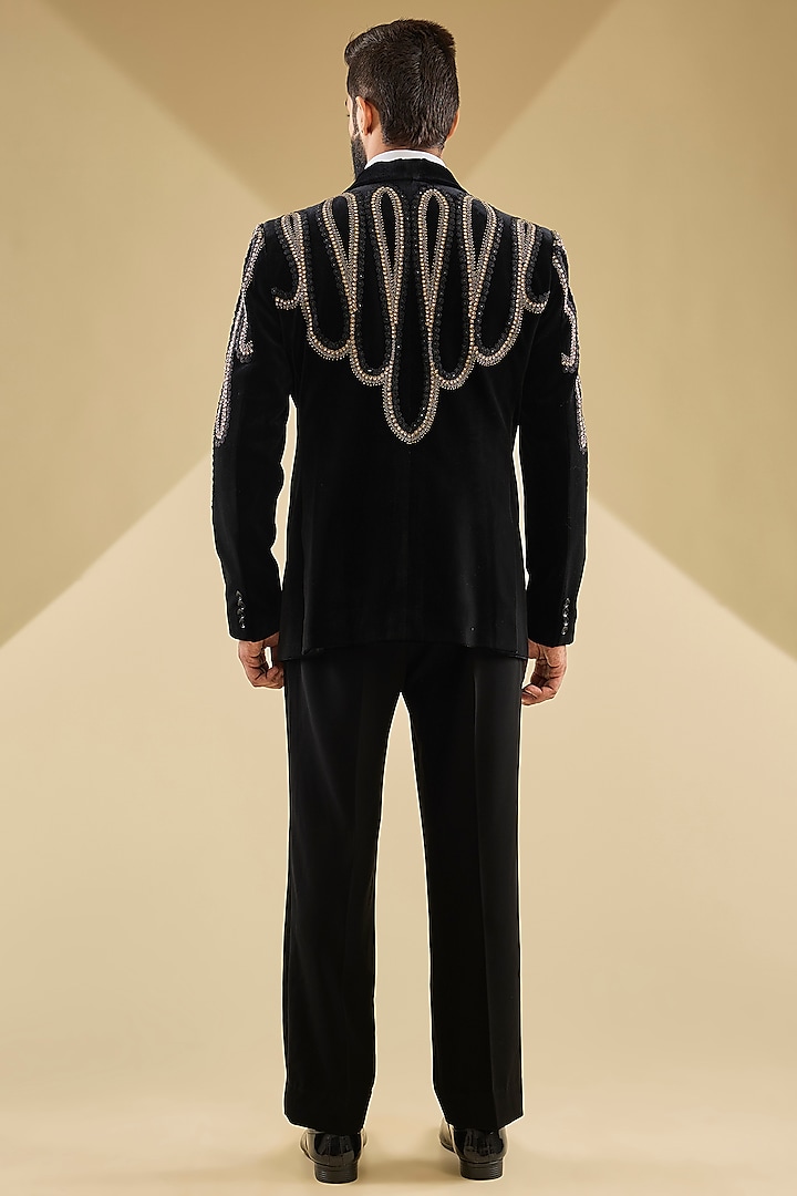 Black Micro Velvet Hand Embroidered Tuxedo Set by Mayank Chawla at Pernia's Pop Up Shop