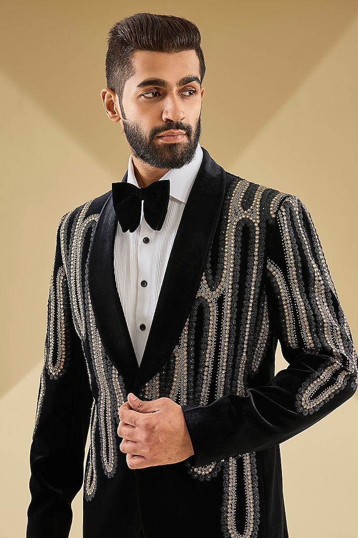 Black Micro Velvet Hand Embroidered Tuxedo Set by Mayank Chawla at Pernia's Pop Up Shop