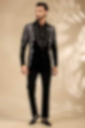 Black Micro Velvet Embroidered Tuxedo Set by Mayank Chawla at Pernia's Pop Up Shop