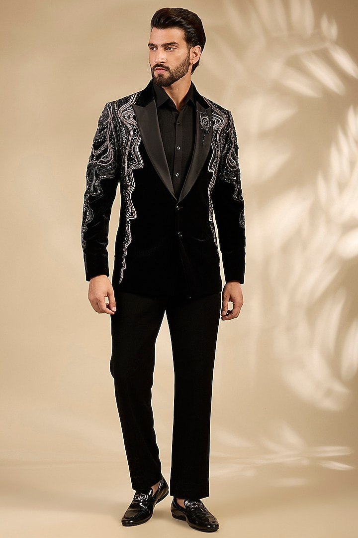 Black Micro Velvet Embroidered Tuxedo Set by Mayank Chawla at Pernia's Pop Up Shop