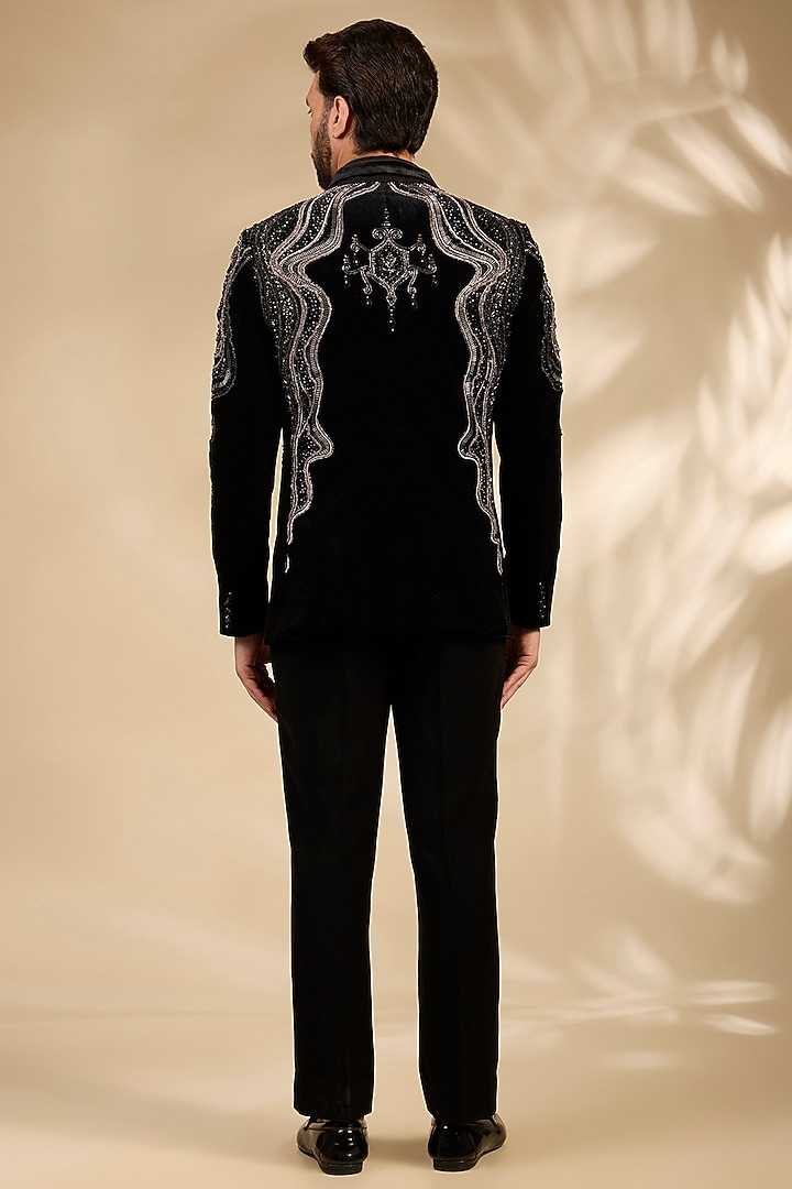 Black Micro Velvet Embroidered Tuxedo Set by Mayank Chawla at Pernia's Pop Up Shop