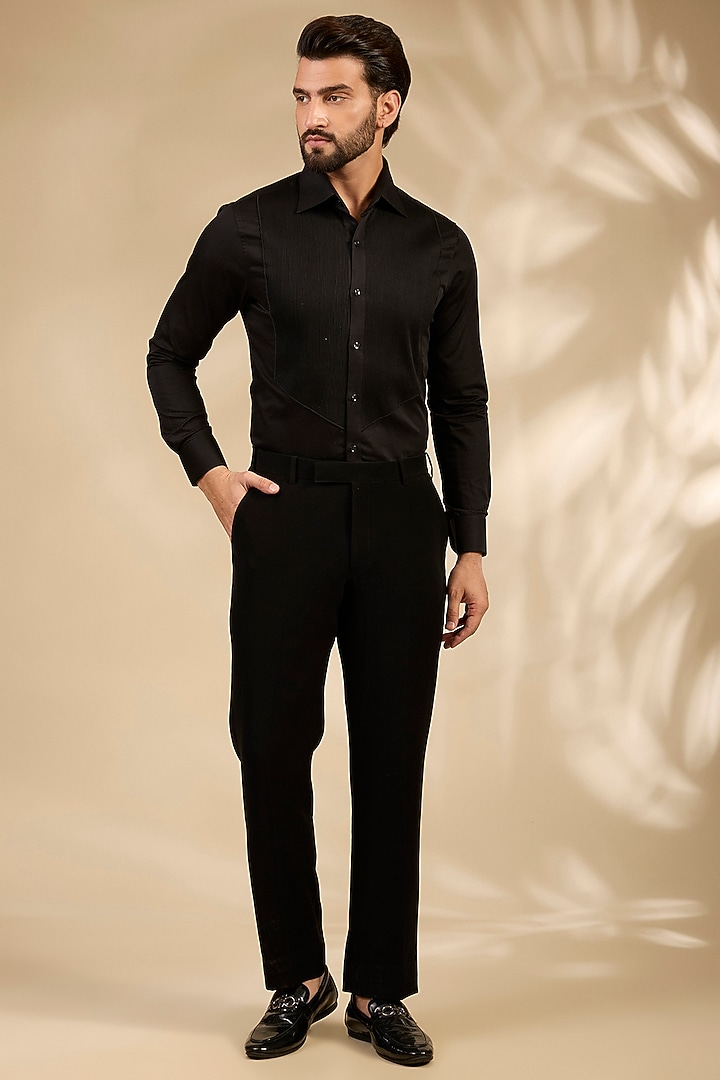 Black Micro Velvet Embroidered Tuxedo Set by Mayank Chawla at Pernia's Pop Up Shop
