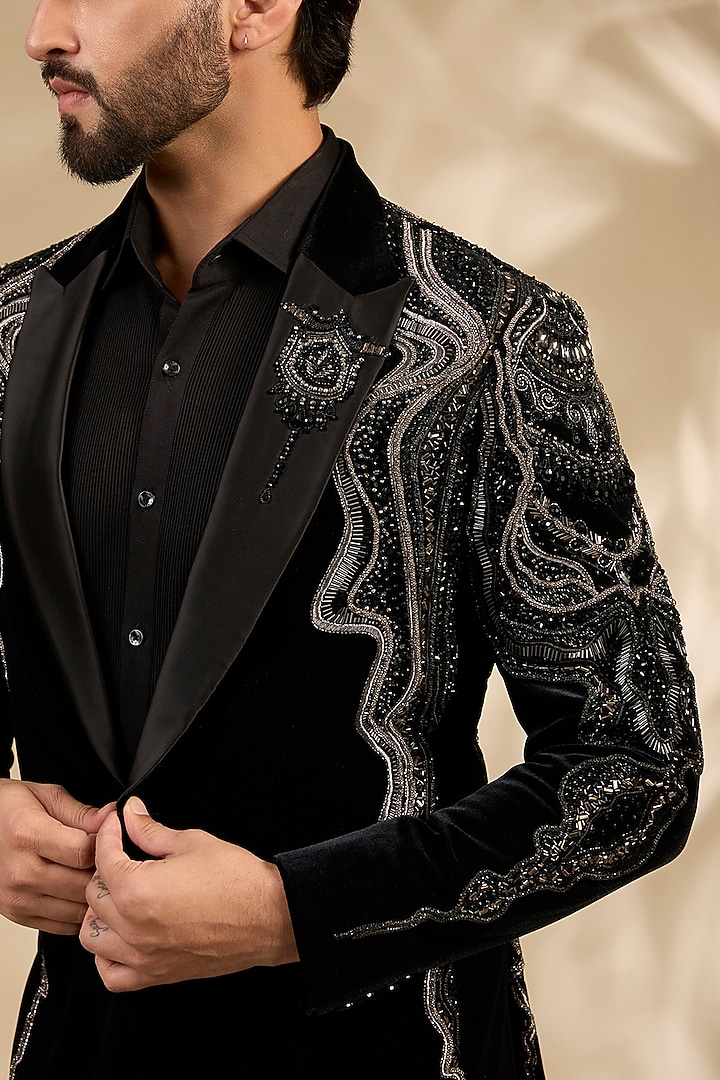 Black Micro Velvet Embroidered Tuxedo Set by Mayank Chawla at Pernia's Pop Up Shop