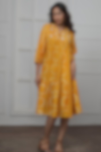 Mustard Cotton Silk Printed Tiered Dress by Myoho