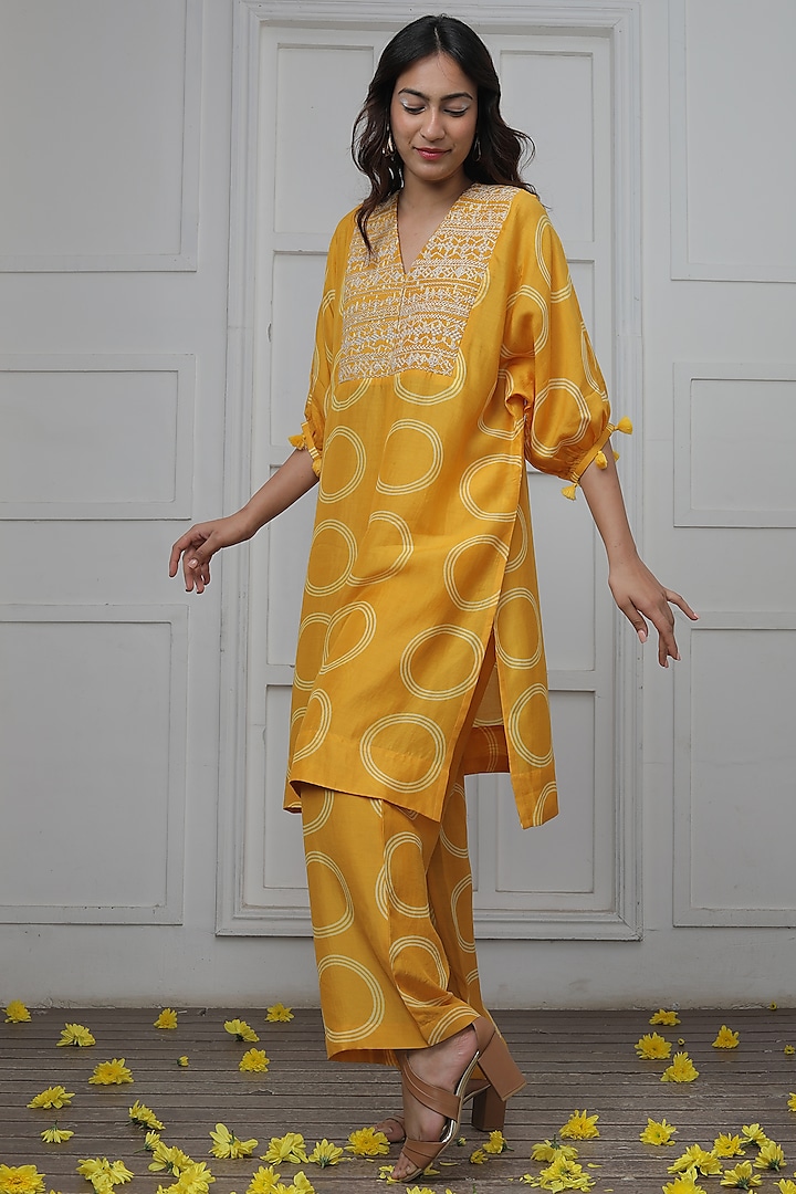 Mustard Cotton Silk Printed Tunic Set by Myoho