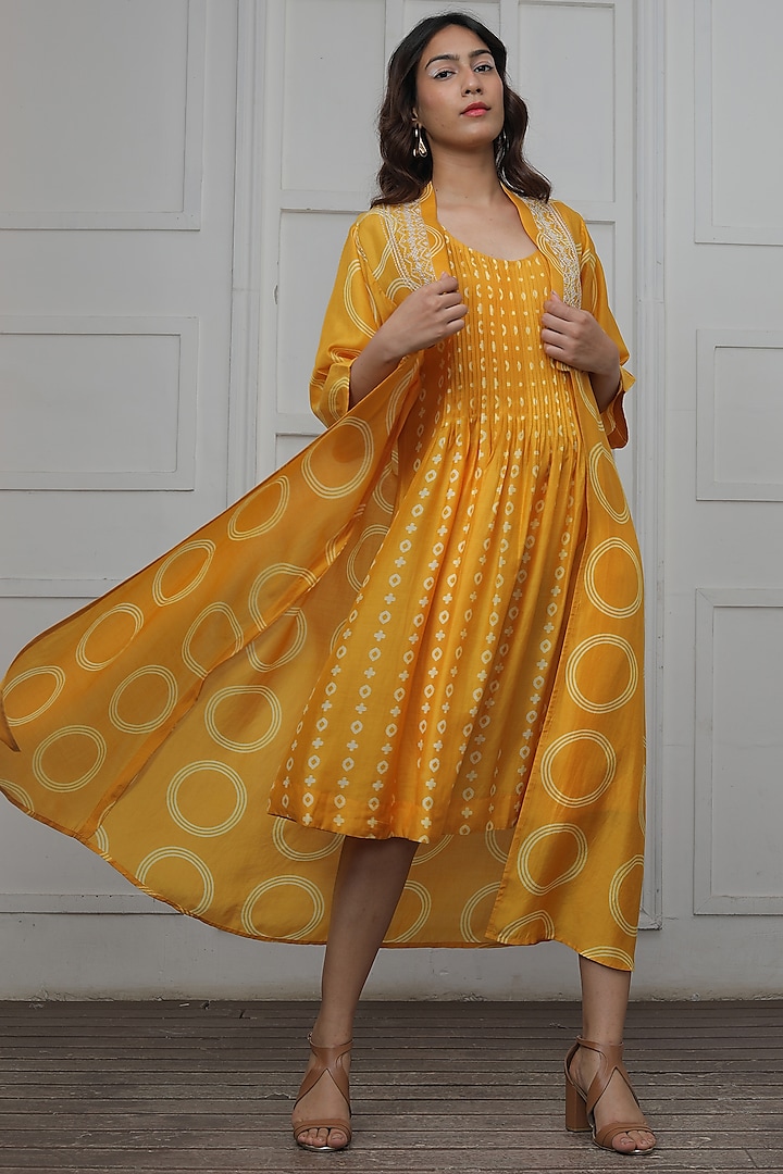 Mustard Cotton Silk Printed Jacket Dress by Myoho