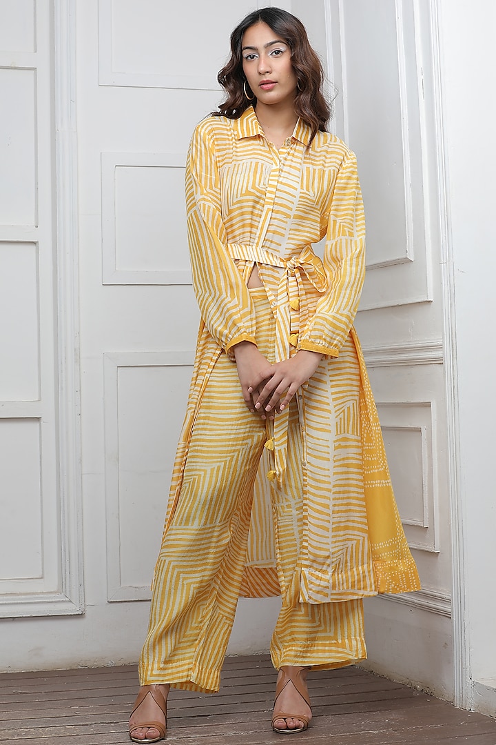 Mustard Cotton Silk Striped Tunic Set by Myoho