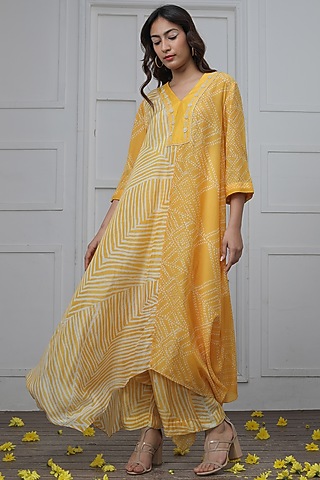 Mustard Cotton Silk Striped Tunic by Myoho