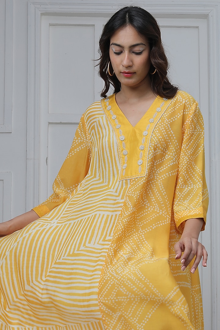 Mustard Cotton Silk Striped Tunic by Myoho at Pernia's Pop Up Shop