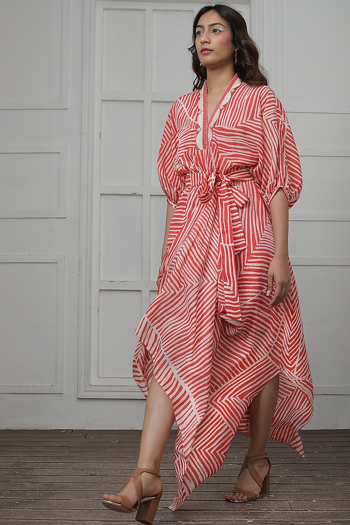Coral Cotton Silk Striped Dress by Myoho