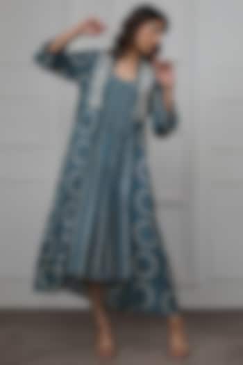 Teal Cotton Silk Printed Jacket Dress by Myoho
