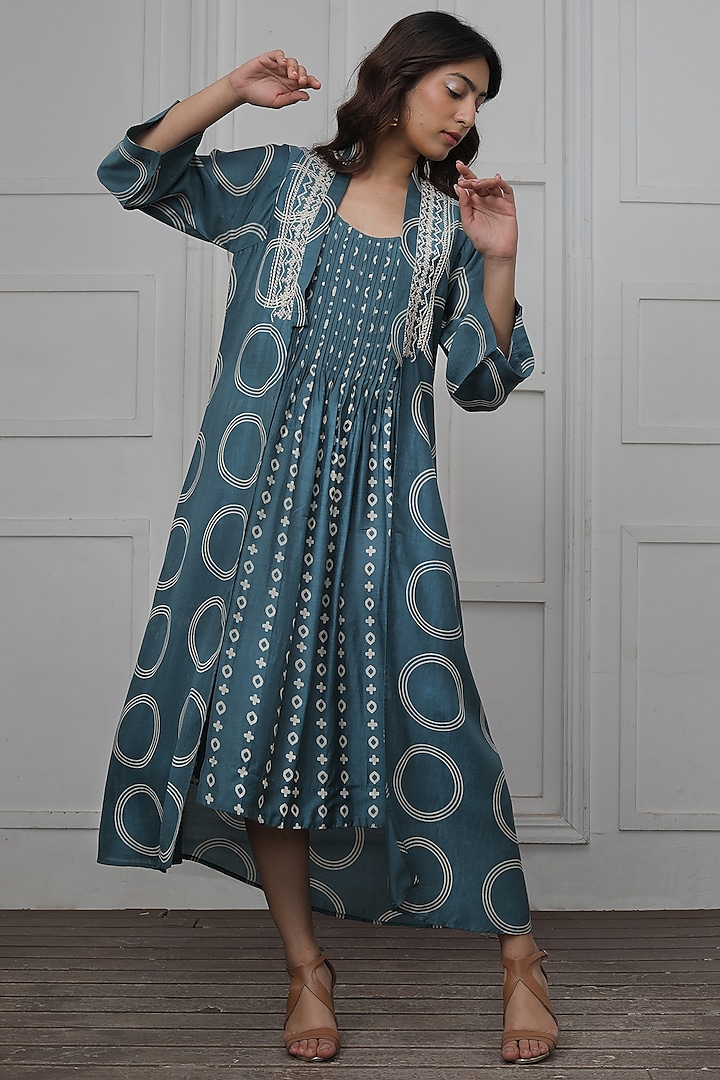 Teal Cotton Silk Printed Jacket Dress by Myoho at Pernia's Pop Up Shop