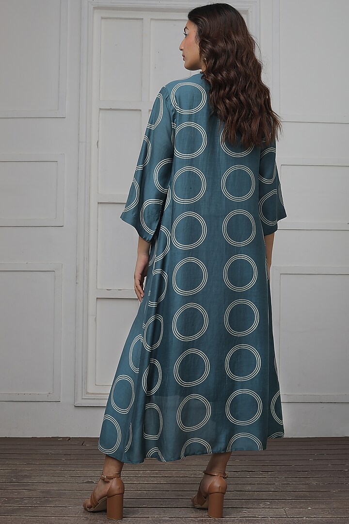 Teal Cotton Silk Printed Jacket Vacation Dress by Myoho at Pernia's Pop Up Shop